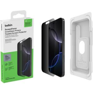 Belkin ScreenForce InvisiGlass Privacy Screen Protector for iPhone 16 Pro Max, Scratch-Resistant Impact Protection w/Included Easy Align Tray for Bubble Free Application - Made with Recycled Glass