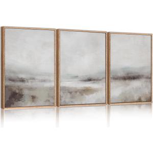 HLNIUC Large Abstract Neutral 3 Piece Wall Art Framed, Gray Lake Landscape Canvas Decor(16x24), Watercolor Smoky Mountain Wall Painting, Modern Minimalist Art Prints for Living Room, Bedroom, Office