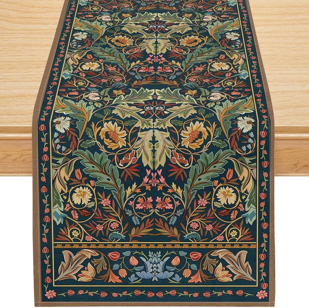 Vintage William Morris Botanical Table Runner, Dark Green Retro Floral Print Dining Table Decoration for Kitchen, Wedding or Party, Polyester Linen, 13x108 Inch