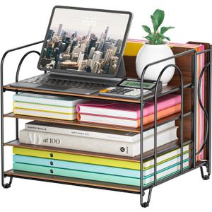 Desk File Organizer, 4-Tier Desk Organizers Wood with 5 A4 File Folders, Letter Size Office Organization, Letter Paper Tray Organizer for Office, School, Home, Black