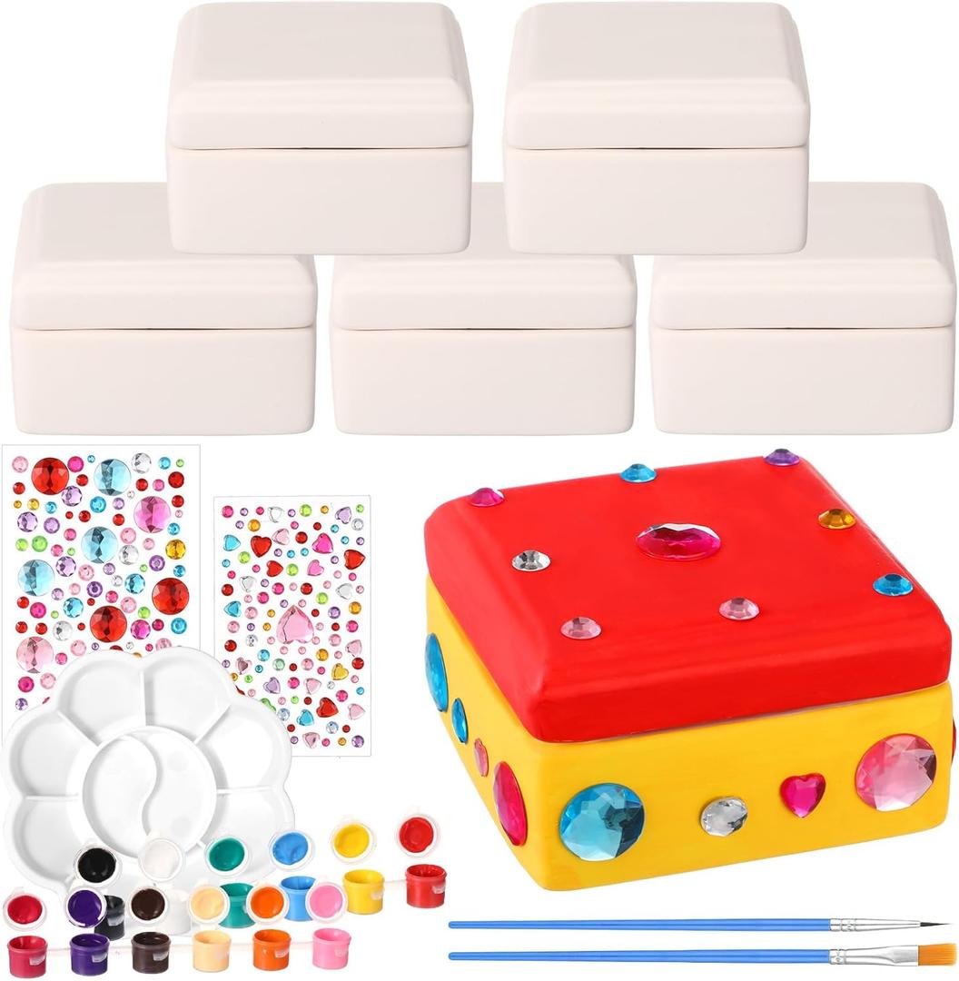 Teenyyou 14 Pcs Paint Your Own Ceramic Jewelry Boxes Craft Set Include 6 Unpainted Jewelry Storage Organizer 2 Strips of Paints with 2 Brushes 1 Palette 3 Diamond Stickers(Unfinished Square)