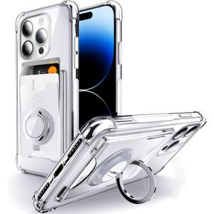 Shields Up Designed for iPhone 14 Pro Max Case, Minimalist Wallet Case with Card Holder (3 Cards) & Ring Kickstand/Stand, [Drop Protection] Slim Protective Cover for iPhone 14 Pro Max 6.7 inch, Clear