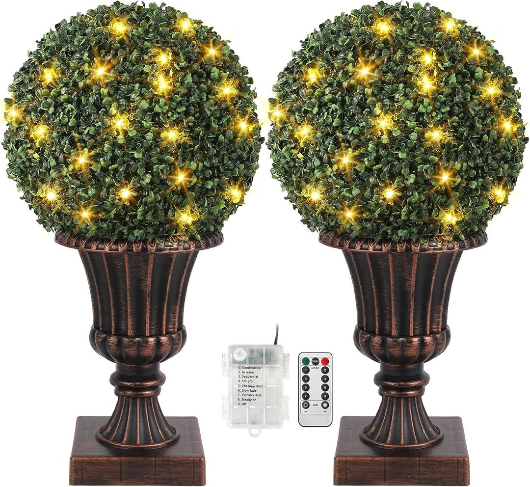 16 Artificial Plant Topiary Ball, Pre-Lit Artificial Topiary Plant with Lights, Timer and Remote Control, Artificial Outdoor Porch Trees with Red Urn Base for Outdoor IndoorRED