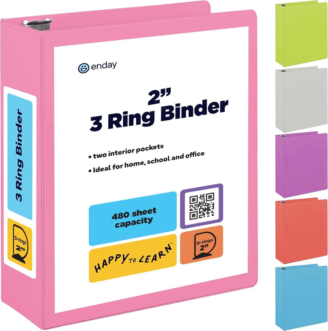 2 Inch 3 Ring Binder 2 Pink, Slant D-Ring 2 in Binder Clear View Cover with 2 Inside Pockets, Heavy Duty Colored School Supplies Office and Home Binders By Enday
