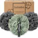 myHomeBody Large 70g Loofah Sponge, Bath Body Scrubber for Women, Men, Exfoliating Shower Pouf with Activated Charcoal - 2 Graphite Gray + 1 Sage Green, 3 Pack