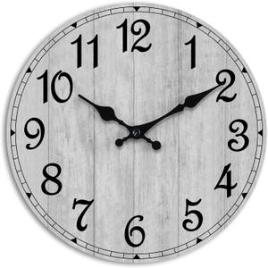 HYLANDA Wall Clock, 10 Inch Wall Clocks Battery Operated Silent Non Ticking, Country Wooden Clocks Farmhous Clock for Bathroom, Living Room, Kitchen, Bedrooms (Gray)