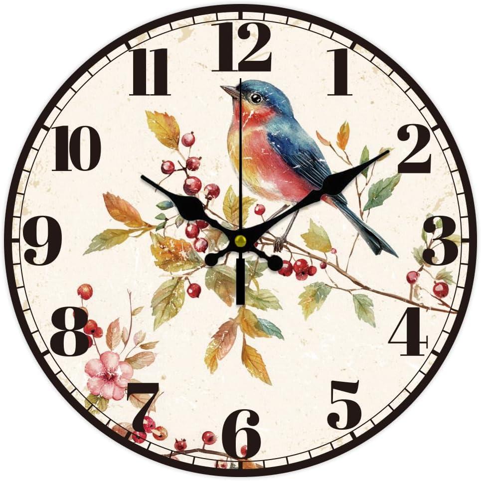 CHGCRAFT 12inch Bird Wall Clock Berries Battery Operated Silent Non Ticking Flowers Round Decorative Clock for Office Home Kitchen Decor