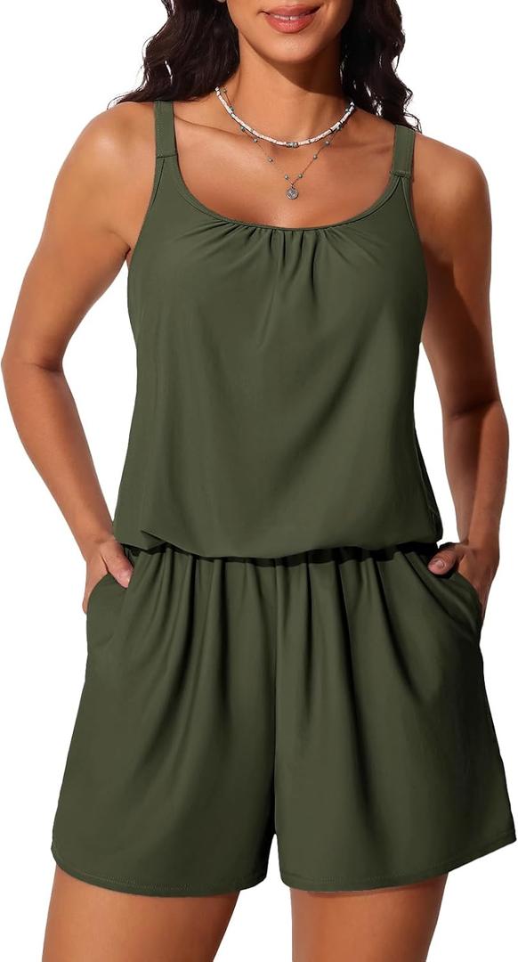 Summer Mae Swim Romper Women's One Piece Swimsuits with Pockets 2025 Blouson Modest Bathing Suits (6-8, Army Green) Summer Mae Swim Romper Women's One Piece Swimsuits with Pockets 2025 Blouson Modest Bathing Suits (6-8, Army Green)