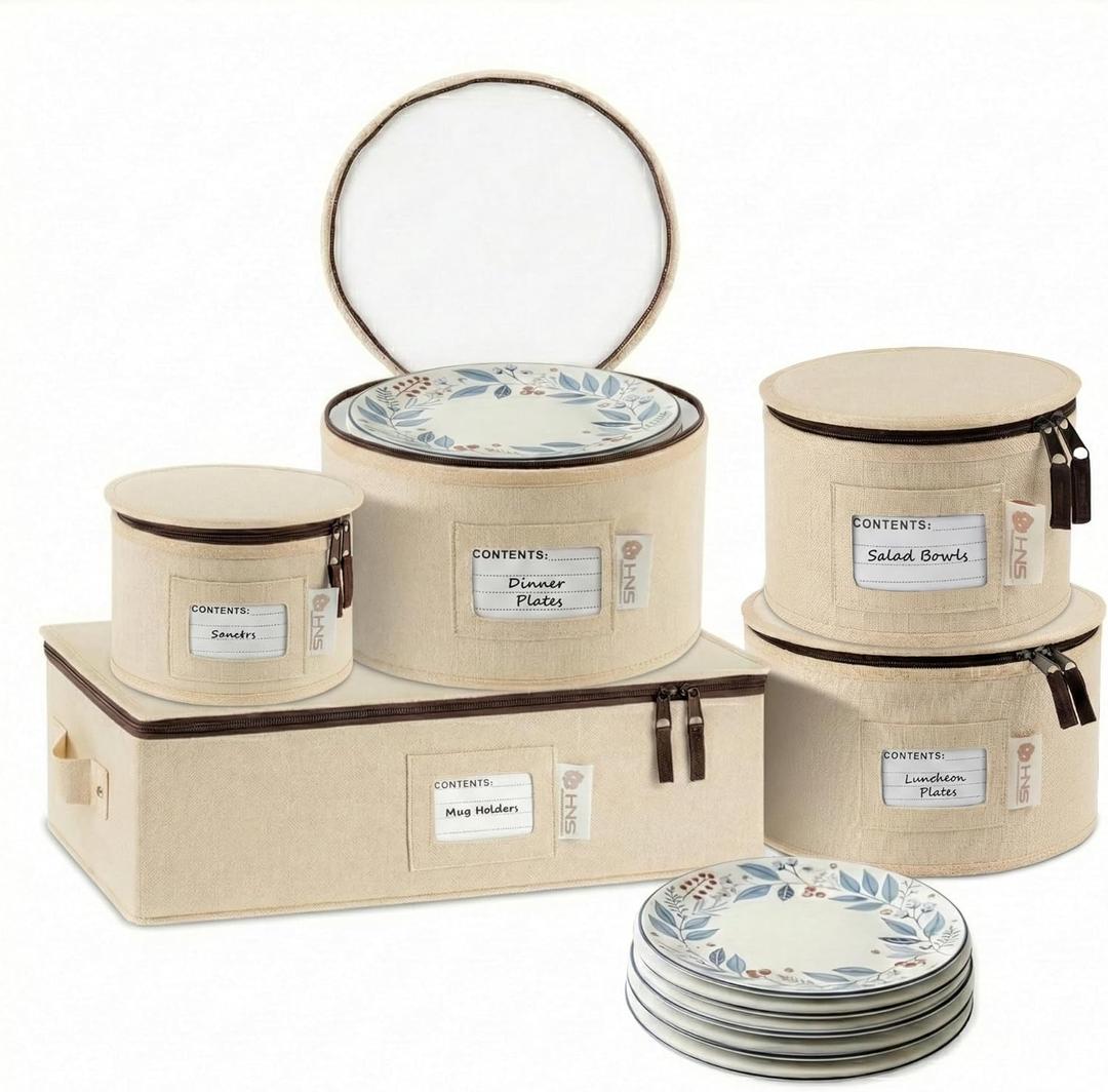 China Storage Hard Shell Containers 5-Piece Set Moving Boxes for Dinnerware, Glasses, Plates, Mugs and Saucers Sturdy Dish Organizer with Dividers for Seasonal Storage - Service for 12 - Beige