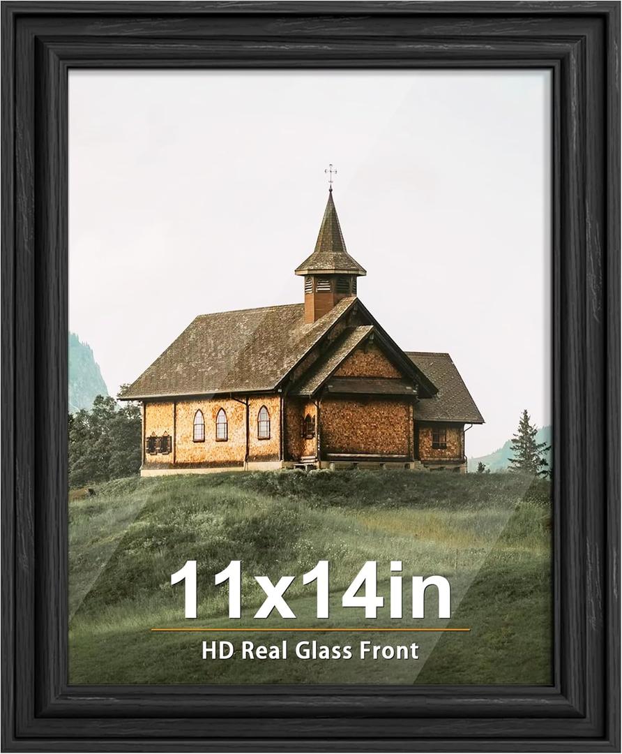 PEALSN 11x14 Picture Frame with Real Glass Front and Black Backboard, Wall Gallery Photo Frames for Wall Mounting or Tabletop Display
