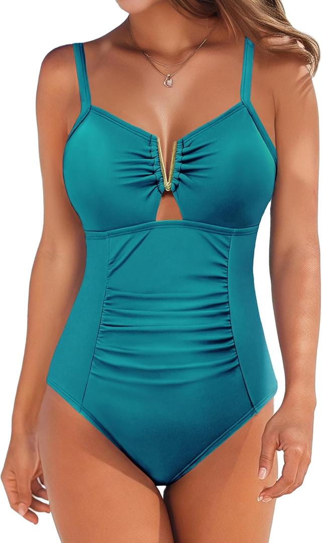 AI'MAGE Women's Tummy Control Swimsuits Ruched Slimming One Piece Bathing Suit V Neck Swimsuit (Dark Green Blue) S