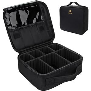 Relavel Travel Makeup Train Case Makeup Cosmetic Case Organizer Portable Artist Storage Bag with Adjustable Dividers for Cosmetics Makeup Brushes Toiletry Jewelry Digital Accessories Black (Small)