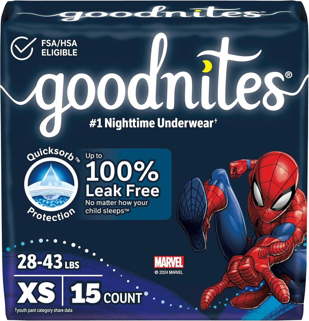 Goodnites Boys' Nighttime Bedwetting Underwear, Size Extra Small (28-43 lbs), 15 Ct