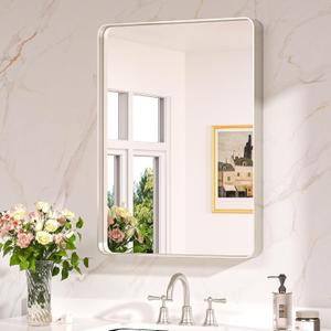 Keonjinn 22 x 30 Brushed Nickel Bathroom Mirrors for Over Sink, Rounded Rectangle Bathroom Vanity Mirror, Brushed Silver Framed Farmhouse Mirror, HD Tempered Glass Wall Mirror(Horizontal/Vertical)