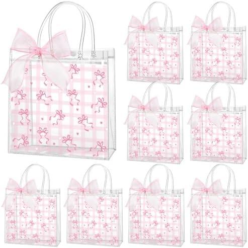 Wesnoy 4 Pcs Pink Bow Clear PVC Gift Bags with Handle Coquette Bowknot Party Favor Pink Plaid Bow Candy Treat Tote Bags for Birthday Party