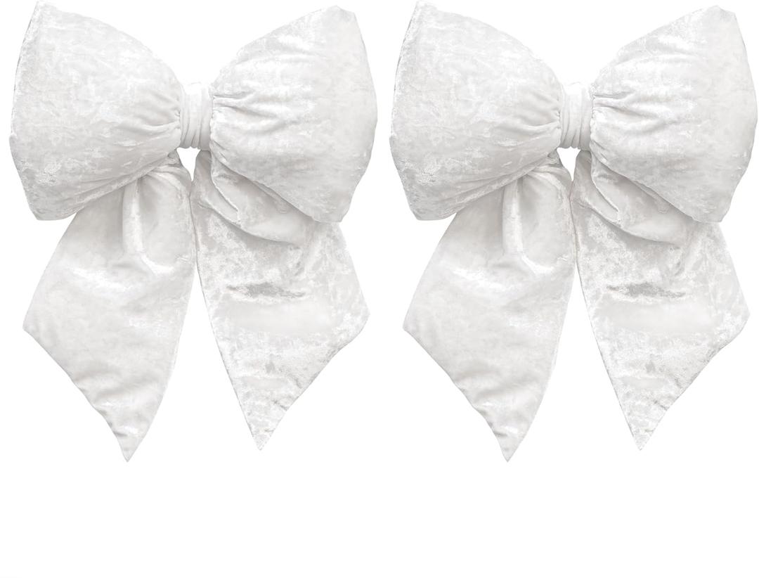 White Large Plush Velvet Bows Set of 2 12-Inch Christmas Bow Tree Topper for Christmas Tree Decoration Wedding Door Window Decor
