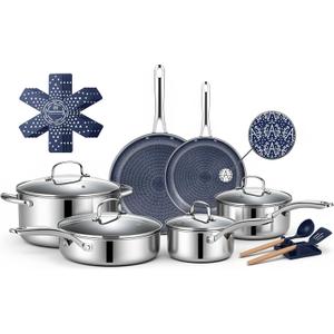 Ammeloo 17 Pcs Pots and Pans Set Non Stick, Stainless Steel Cookware Set
