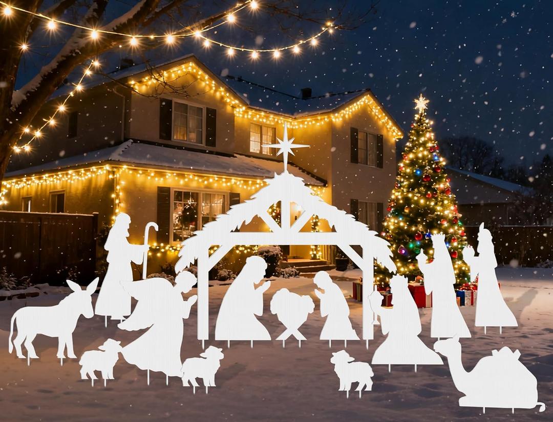 Geelin 15 Pcs 47 Inch Large Nativity Scene Yard Sign Stakes Christmas Religious Faith Garden Stakes Waterproof Xmas Outdoor Nativity Yard Decor with Stake for Xmas Holiday Lawns Outdoor Decor (White)