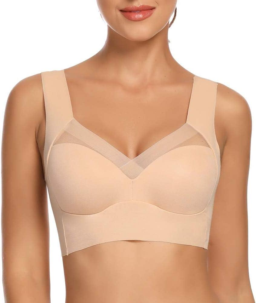 WOWENY Seamless Wirefree Bras for Women Comfy Mesh Soft Padded Back Smoothing Bra (Beige, L)