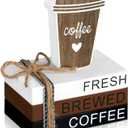 Chunful 4 Pieces Coffee Bar Decor Mini Wooden Book Stacks Coffee Bar Accessories Sign Tiered Tray Decor for Kitchen Table Shelf Rustic Farmhouse Home