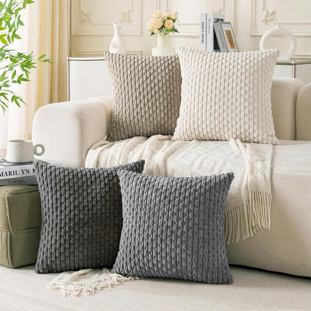 Set of 4 Grey White Taupe Decorative Throw Pillow Covers 18x18 Inch Corduroy Pillow Covers for Bed Couch Sofa Living Room Soft Square Cushion Cases (18" x 18" (Pack of 4))