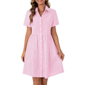 Rooscier Women's Striped Shirt Dress Button Down Collared Short Sleeve Mini Dress (X-Large, Pink)