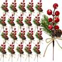 20 Pcs Artificial Pine Cone Snowflake Red Berry Picks Stems, 7.1" Fake Frosted Holly Berries Needles Branches with Pinecones Christmas Sprays Floral Leaves Xmas Tree DIY Holiday Party Decor