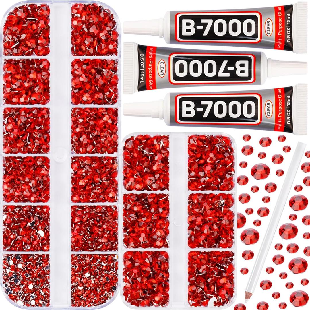 b7000 Gem Glue with 7500Pcs Red Rhinestones for Crafts Clothes Clothing Fabric, Flatback Crystals Rinstonestone for Shoes Crafting Tumblers Cups, Shiny Flat Back Bedazzler Diamonds kit 2-5mm (Small Pack + 3pcs Glue)