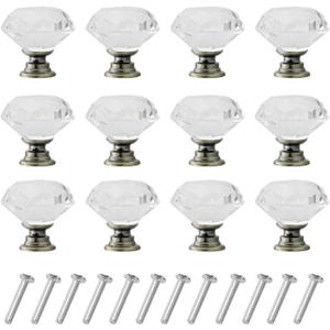 12 Pack Drawer Knobs Diamond Shaped Crystal Glass 30mm Cabinet Knobs Pull Handles (Bronze)