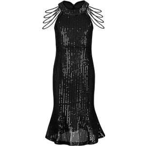 WELAKEN Girls Sequin Dress for Kids Sparkly Halter Neck Sleeveless Casual Party Wedding Twirl Dresses (14 Years, Fishtail-black)