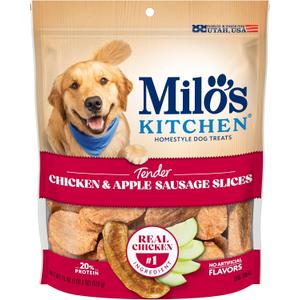 Milos Kitchen Chicken & Apple Sausage Slices Dog Treats, 18 Oz. Bag (EXP 08/23/26)
