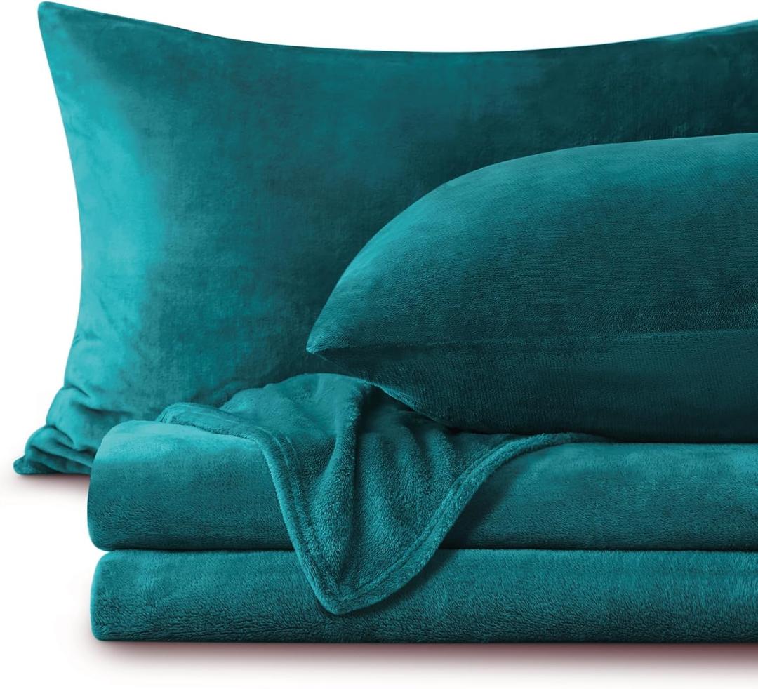 BEDELITE Flannel Sheets Queen Size Teal - Super Soft Fleece Sheets Set Fluffy Extra Plush, 4 Piece(Include Fitted Sheet, Flat Sheet, 2 Pillowcases)