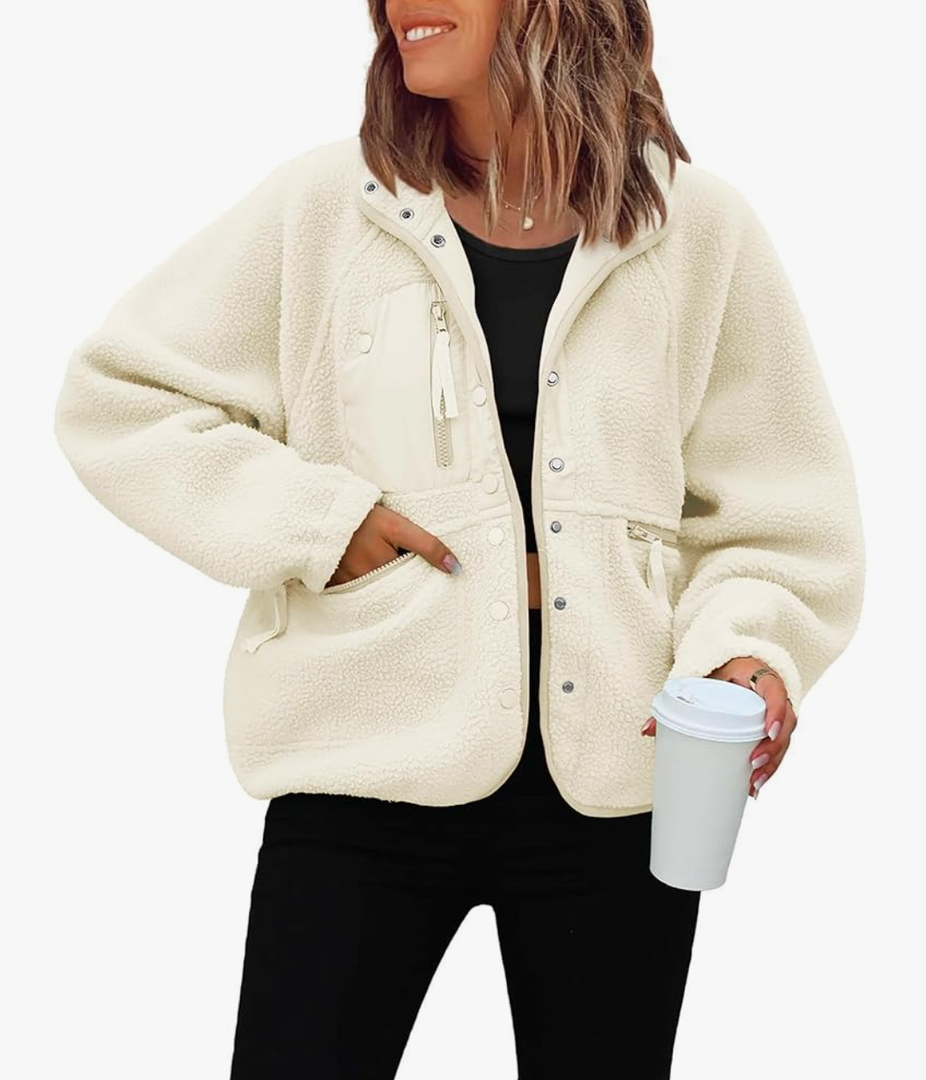 ReachMe Womens Sherpa Jacket Casual Lapel Button Down Cropped Fuzzy Fleece Jackets Long Sleeve Winter Coats with Pockets L Beige