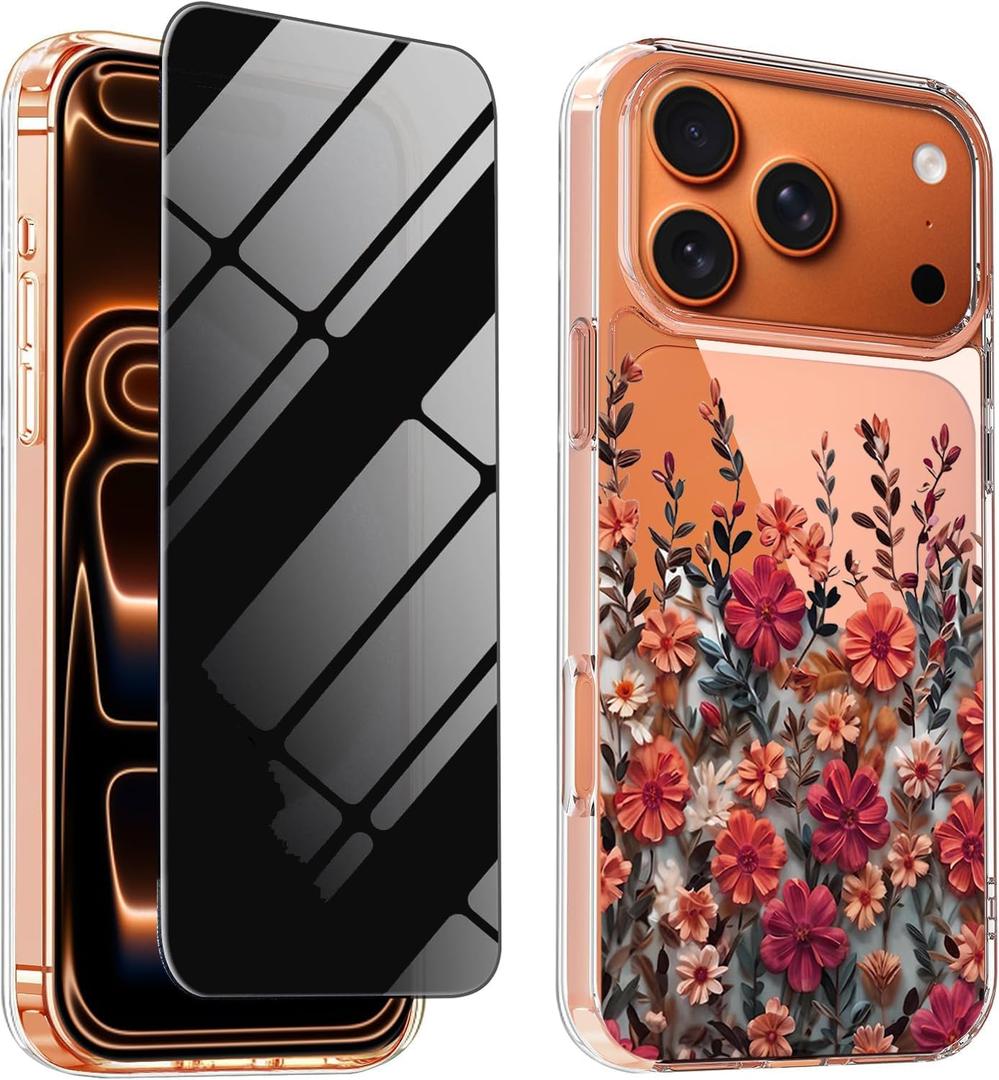 for iPhone 17 Pro Cute Case Floral with Privacy Screen Protector, [Camera Protectors][Not Yellowing] Shockproof Protective Clear Flower Phone Case for 17Pro 6.3'' Womans Girly
