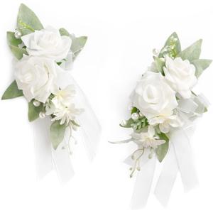 Ling's moment 2pcs Wedding Shoulder Corsage Artificial Flowers, Girl/Mother Homecoming/Prom Corsages Wristlet Dcor, etc. White Pearl