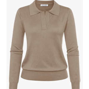Kate Kasin Women Long Sleeve Polo Sweater V Neck Knitted Tops Casual Ribbed Shirt Loose Pullover Sweater S, Apricot