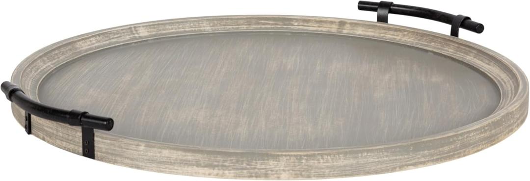 Kate and Laurel Bruillet Farmhouse Wood Round Ottoman Tray; 24 x 22; Rustic Gray; Circle Coffee Table Tray for Living Room Decor or Large Serving Tray