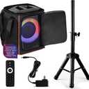Pyle Portable Bluetooth Speaker with 8" Inch Woofer, TWS, Mic Input, USB/SD/FM Radio, Colorful Ring Lights, 120 W Rechargeable Battery, Tripod Stand & Speaker Bag, Hi-Fi Sound, Outdoor/Indoor Use