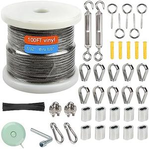 Shineyoo 1/8" Wire Rope Kit - Steel Wire, 100FT Turnbuckles for Cables, Vinyl Coated Stainless Steel Cable for Outdoor, Garden, Kitchen, Craft