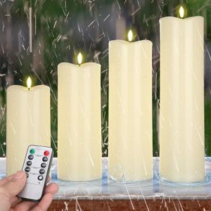 Rossesay 8" 10" 12" 14" x 4" Large Waterproof Outdoor Flameless Candles, 4 Pcs LED Pillar Candles with Remote and Timers Battery Operated Jumbo Flickering for Home Patio Porch Church Indoor Lanterns