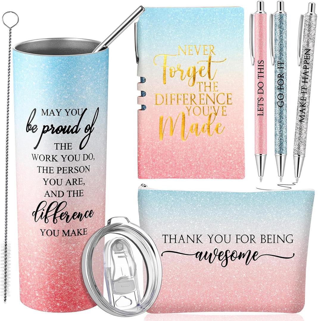 Domensi 6 Pcs Employee Appreciation Gift for Women Teacher Cna Week Thank You Gift May You Be Proud 20 oz Rustic Marble Sign Tumbler Makeup Bag Journal for Graduation Work Business(Blue and Pink)