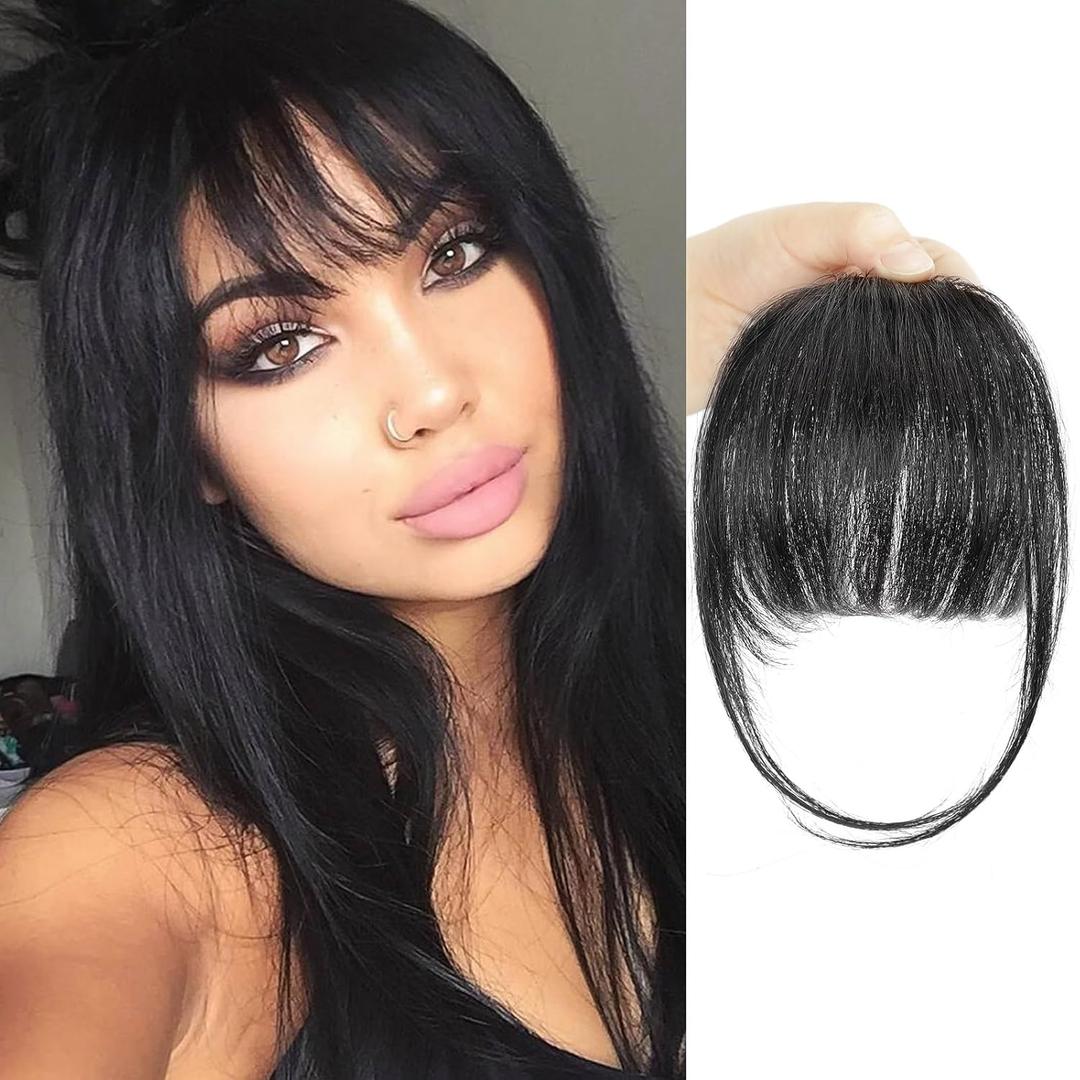 BOGSEA Clip in Bangs Real Human Hair Bangs Hair Clip with Temples Hairpieces for Women Natural Looking Fringe Hair Extension for Daily Wear(Wispy Bangs, (Black))