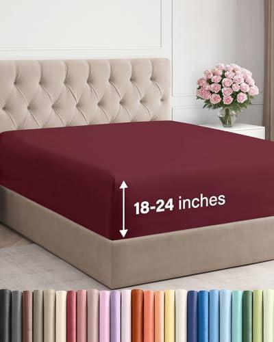 Extra Deep King Fitted Sheet - Hotel Luxury Single Fitted Sheet Only - Easily Fits 18 inch to 24 inch Mattress - Ultra Soft, Wrinkle & Fade Free w/Extra Deep Pockets - Breathable & Comfy - Burgundy