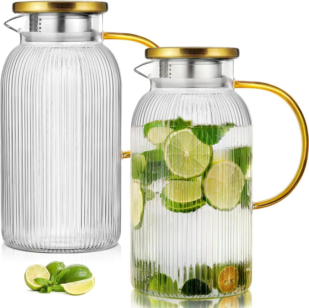 2 PACK Glass Pitcher with Lid 64 oz, Classic Vertical Stripes Pitcher with Lid and Handle, Water Jug for Hot/Cold Drinks, Borosilicate Glass Carafe for Coffee, Iced Sun Tea, Juice, Sangria