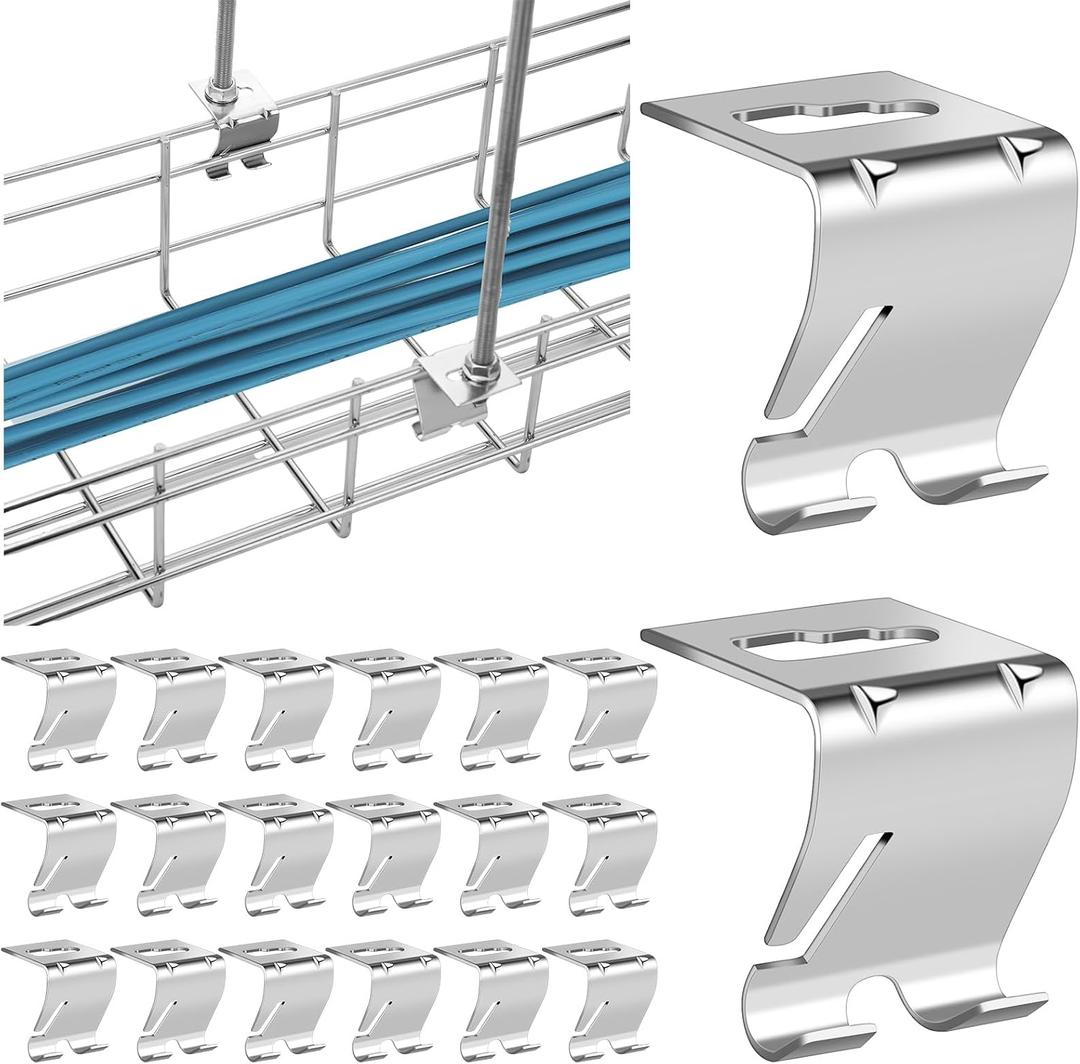 20 Pcs Wire Mesh Cable Tray Ceiling Hanging Hook, Basket Tray Ceiling Support Hang Bracket, Galvanized Steel Hanging Hook for Network, Fiber Optic, Cabling Accessory (Silver)