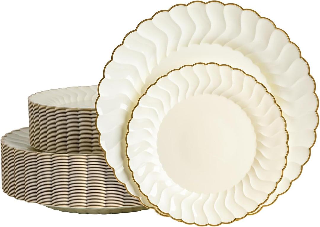 80pcs Ivory Thanksgiving Plastic Plates With Gold Rim, 10in Dinner Plate and 7in Dessert Plate Disposable Elegant Scalloped Plates for Party, Wedding