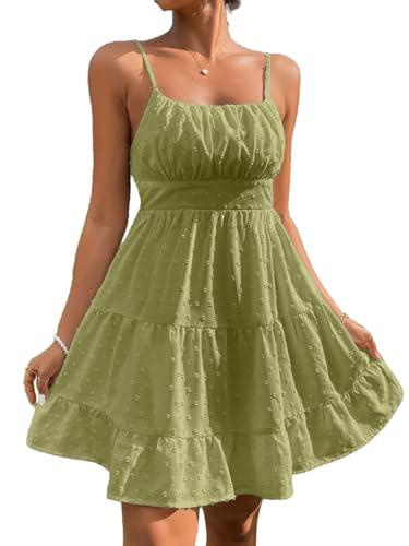 Floerns Women's Swiss Dots Sleeveless Ruched Bust Ruffle Hem Cami Short Dress Olive Green Small