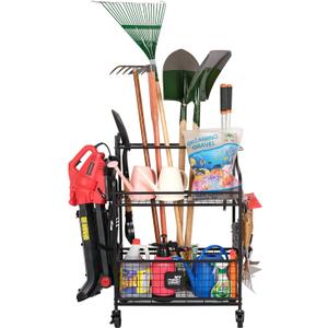 Mythinglogic Garden Tool Organizer for Garage, Yard Tool Rack with Wheels, Garage Organizers and Storage Holder for Yard Tools (Deluxe Tower)