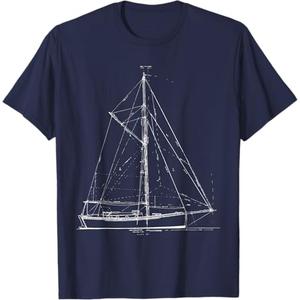 Vintage Retro Sailboat Blueprint T-Shirt M