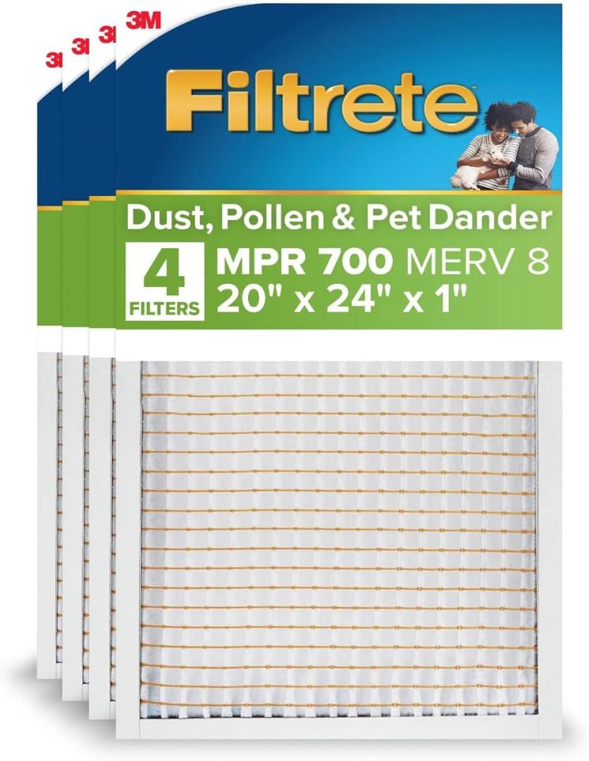 Filtrete 20x24x1 AC Furnace Air Filter, MPR 700, MERV 8, Tough on Pollen, Easy on Airflow, 3-Month Pleated 1-Inch Electrostatic Air Cleaning Filter, 4-Pack (Actual Size 19.81 x 23.81 x 0.81 in)